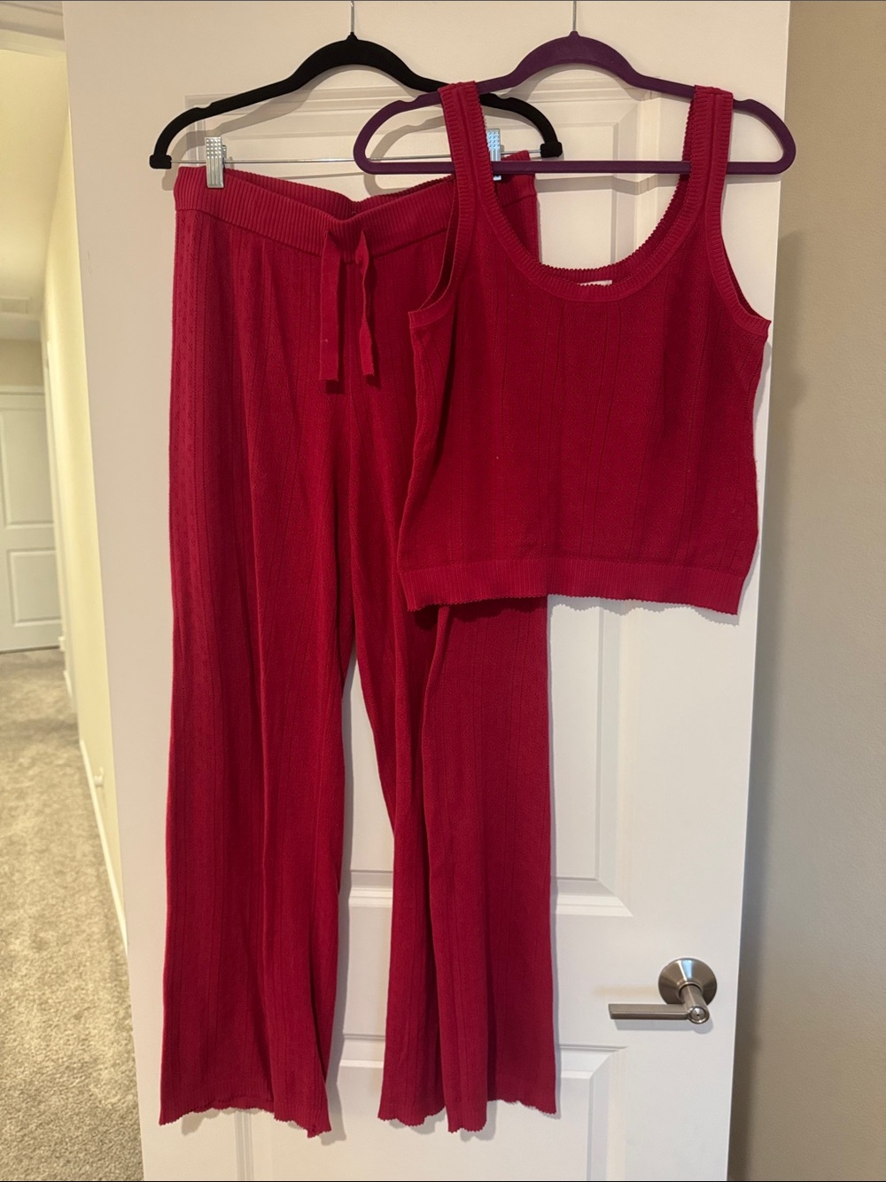 Rib Knit Crop Tank and Lounge Pant Set - Pink Red